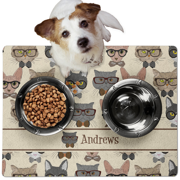 Custom Hipster Cats Dog Food Mat - Medium w/ Name or Text