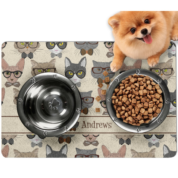 Custom Hipster Cats Dog Food Mat - Small w/ Name or Text
