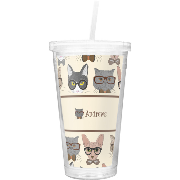 Custom Hipster Cats Double Wall Tumbler with Straw (Personalized)