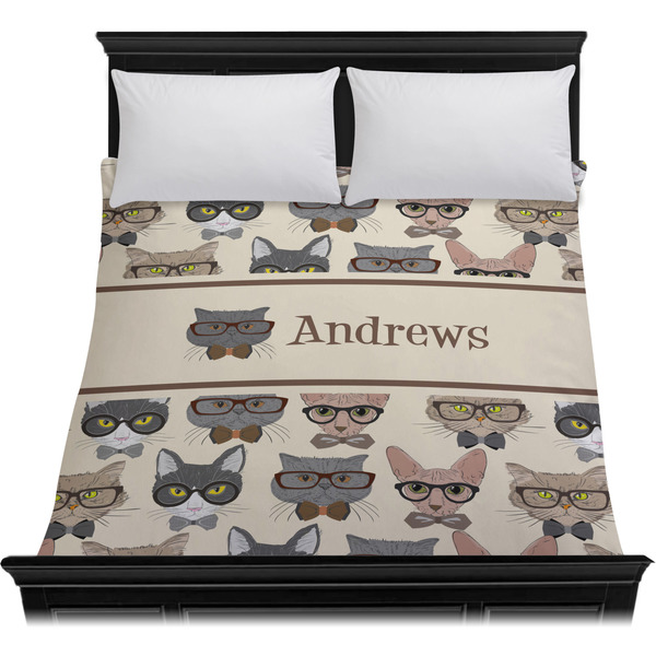 Hipster Cats Duvet Cover - Queen - On Bed - No Prop