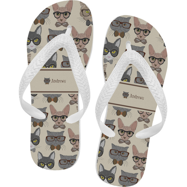 Custom Hipster Cats Flip Flops - Large (Personalized)