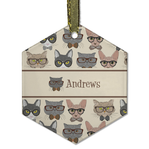 Custom Hipster Cats Flat Glass Ornament - Hexagon w/ Name or Text