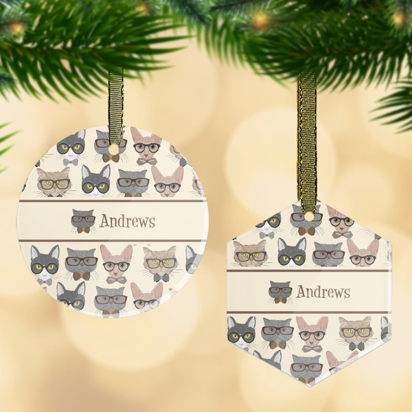 Custom Hipster Cats Flat Glass Ornament w/ Name or Text