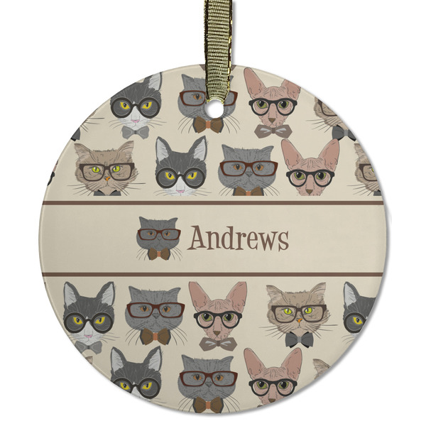 Custom Hipster Cats Flat Glass Ornament - Round w/ Name or Text