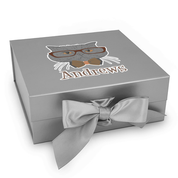 Custom Hipster Cats Gift Box with Magnetic Lid - Silver (Personalized)