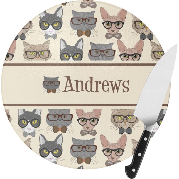 Custom Hipster Cats Round Glass Cutting Board - Medium (Personalized)