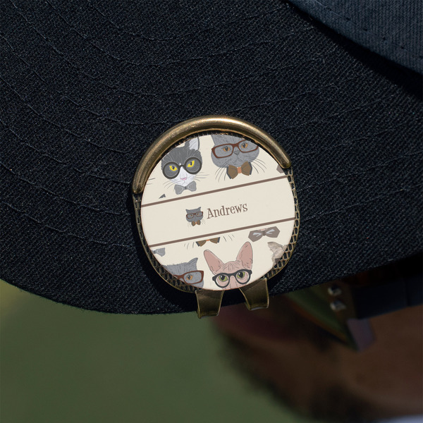 Hipster Cats Golf Ball Marker Hat Clip - Gold - On Hat