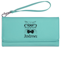 Hipster Cats Ladies Leatherette Wallet - Laser Engraved- Teal (Personalized)