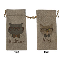 Hipster Cats Large Burlap Gift Bag - Front & Back (Personalized)
