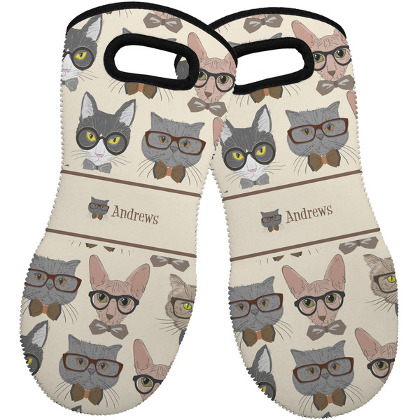 Custom Hipster Cats Neoprene Oven Mitts - Set of 2 w/ Name or Text