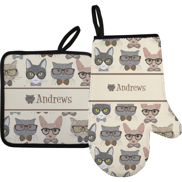 Custom Hipster Cats Oven Mitt & Pot Holder Set w/ Name or Text