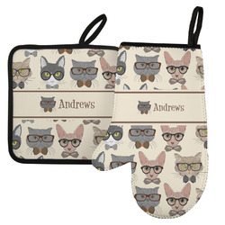 Hipster Cats Left Oven Mitt & Pot Holder Set w/ Name or Text