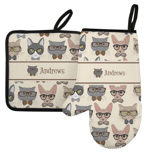 Custom Hipster Cats Left Oven Mitt & Pot Holder Set w/ Name or Text
