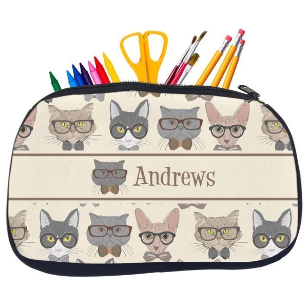 Custom Hipster Cats Neoprene Pencil Case - Medium w/ Name or Text