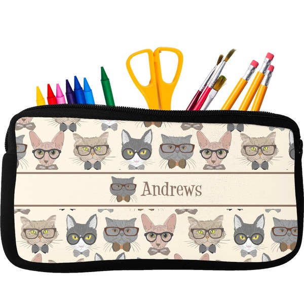 Custom Hipster Cats Neoprene Pencil Case - Small w/ Name or Text