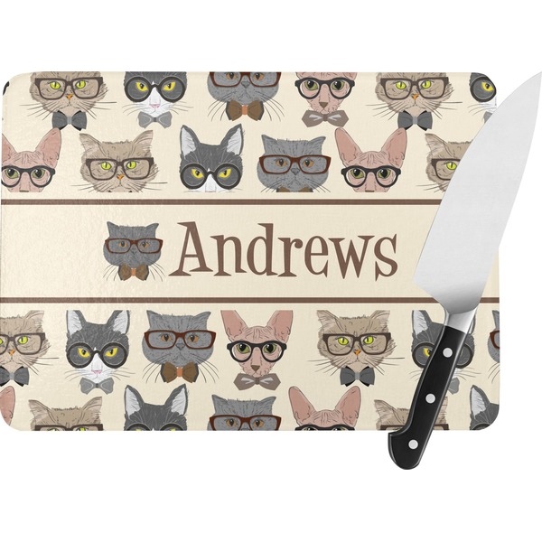 Custom Hipster Cats Rectangular Glass Cutting Board - Large - 15.25"x11.25" w/ Name or Text