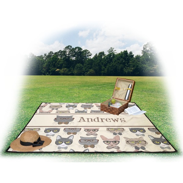 Hipster Cats Picnic Blanket - with Basket Hat and Book - in Use