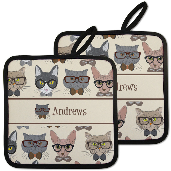 Custom Hipster Cats Pot Holders - Set of 2 w/ Name or Text