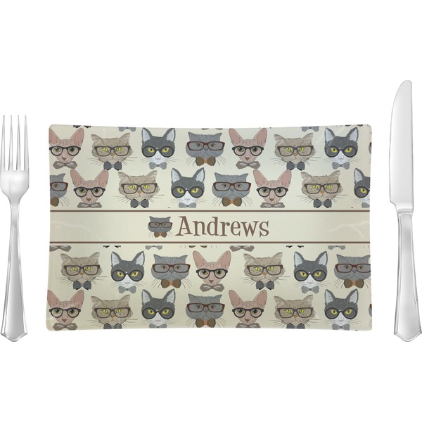 Custom Hipster Cats Rectangular Glass Lunch / Dinner Plate - Single or Set (Personalized)