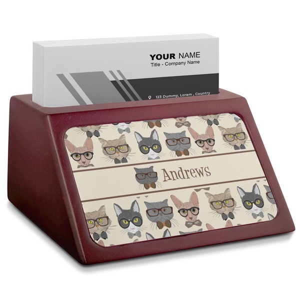 Custom Hipster Cats Red Mahogany Business Card Holder (Personalized)