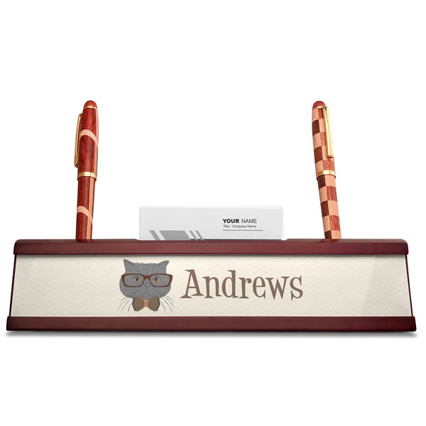 Hipster Cats Red Mahogany Nameplates with Business Card Holder - Straight