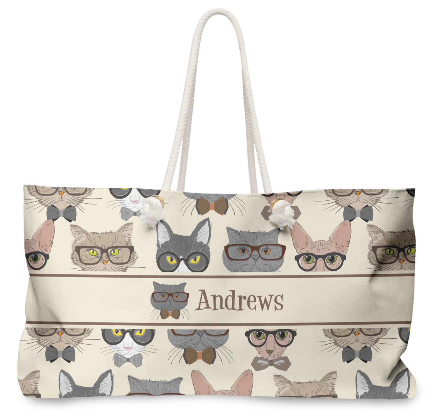 Custom Hipster Cats Large Tote Bag with Rope Handles (Personalized