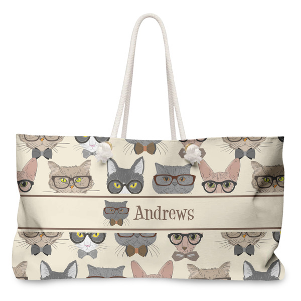 Custom Hipster Cats Large Tote Bag with Rope Handles (Personalized)
