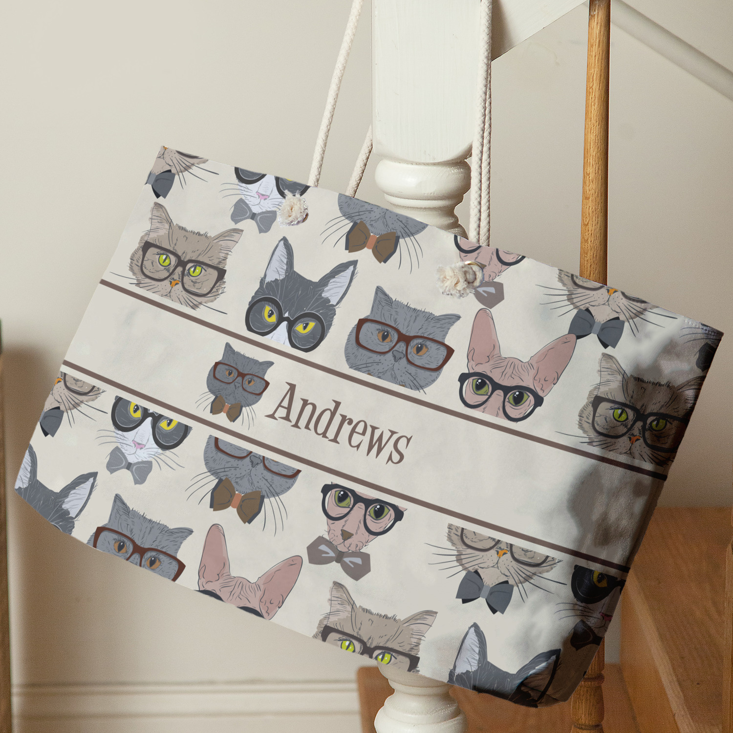 Custom Hipster Cats Large Tote Bag with Rope Handles (Personalized