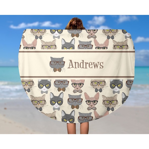Hipster Cats Round Beach Towel - In Use
