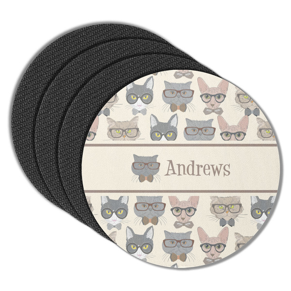 Custom Hipster Cats Round Rubber Backed Coasters - Set of 4 (Personalized)