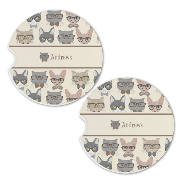 Hipster Cats Sandstone Car Coasters - Set of 2