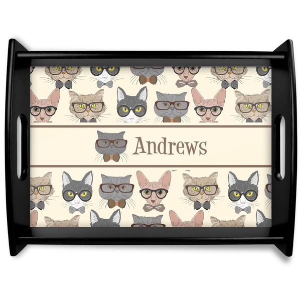 Custom Hipster Cats Black Wooden Tray - Large (Personalized)