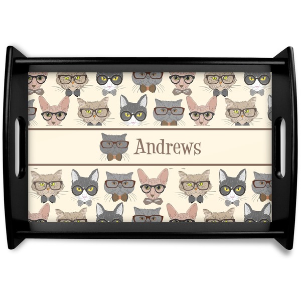 Custom Hipster Cats Black Wooden Tray - Small (Personalized)