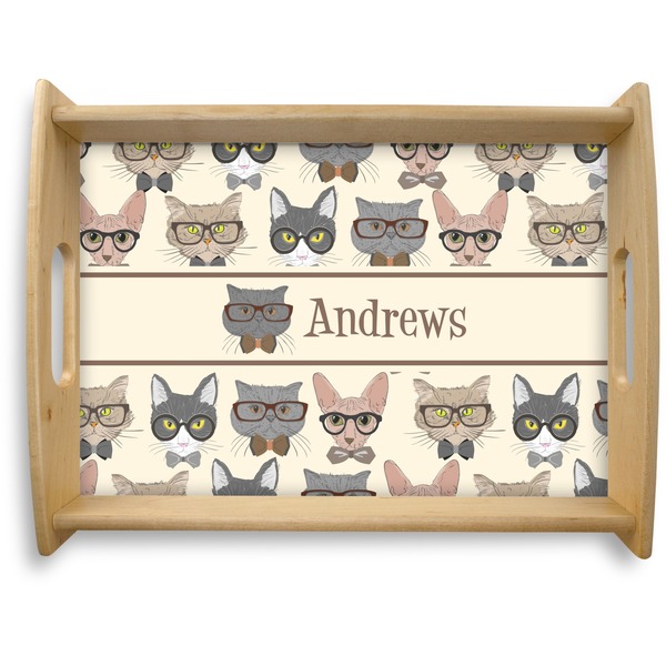 Custom Hipster Cats Natural Wooden Tray - Large (Personalized)