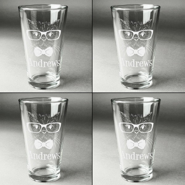 Hipster Cats Set of Four Engraved Beer Glasses - Individual View