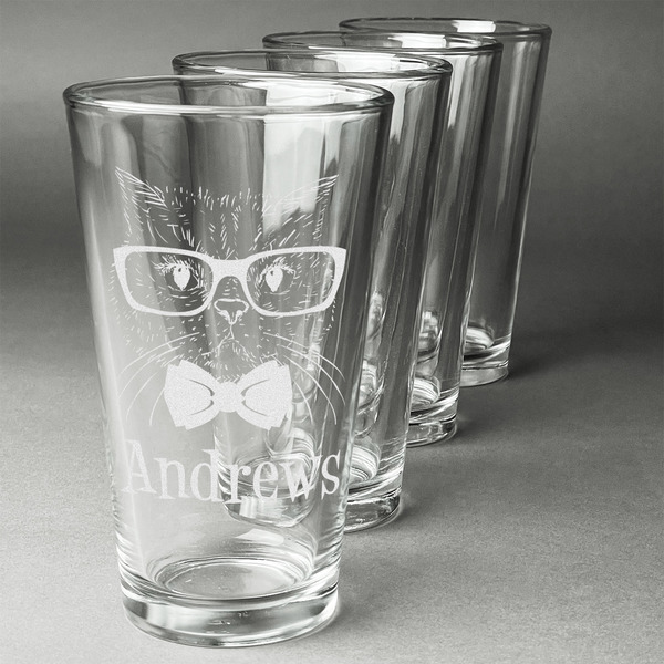 Custom Hipster Cats Pint Glasses - Engraved (Set of 4) (Personalized)