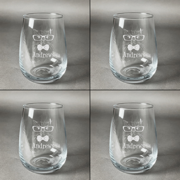 Hipster Cats Set of Four Personalized Stemless Wineglasses (Approval)