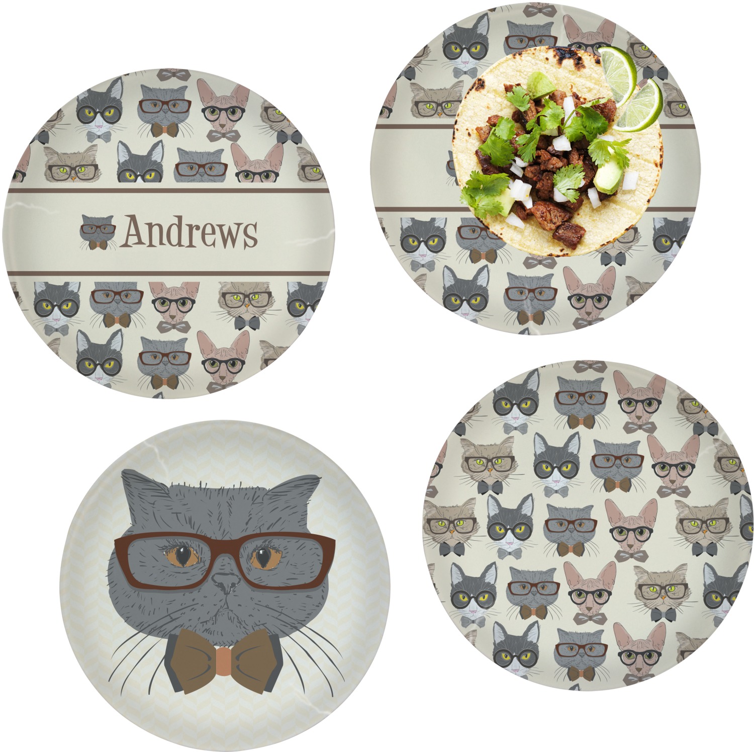Hipster Cats Set of 4 Glass Lunch / Dinner Plate 10" (Personalized
