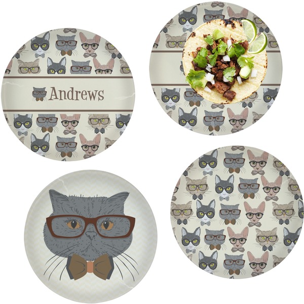 Custom Hipster Cats Set of 4 Glass Lunch / Dinner Plate 10" (Personalized)