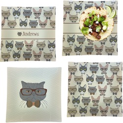 Hipster Cats Set of 4 Glass Square Lunch / Dinner Plate 9.5" (Personalized)