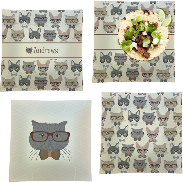 Custom Hipster Cats Set of 4 Glass Square Lunch / Dinner Plate 9.5" (Personalized)