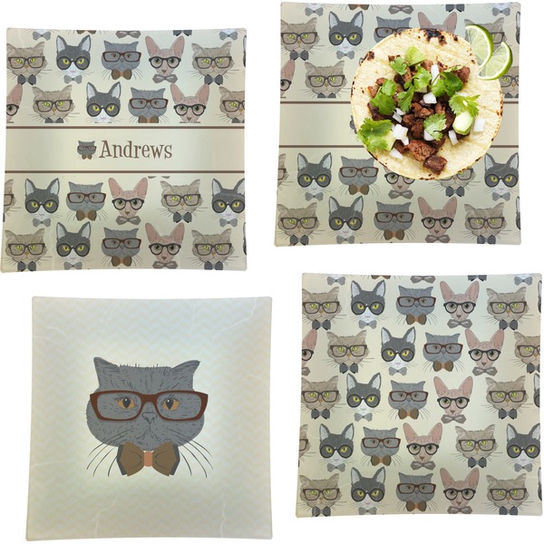 Custom Hipster Cats Set of 4 Glass Square Lunch / Dinner Plate 9.5" (Personalized)