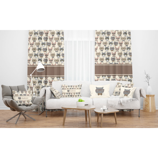 Hipster Cats Sheer and Custom Curtains in Room with Matching Pillows