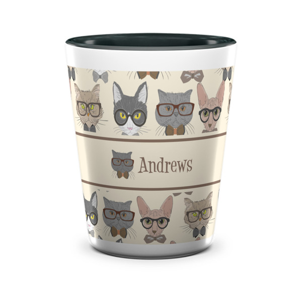 Custom Hipster Cats Ceramic Shot Glass - 1.5 oz - Two Tone - Single (Personalized)