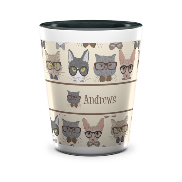 Custom Hipster Cats Ceramic Shot Glass - 1.5 oz - Two Tone - Set of 4 (Personalized)