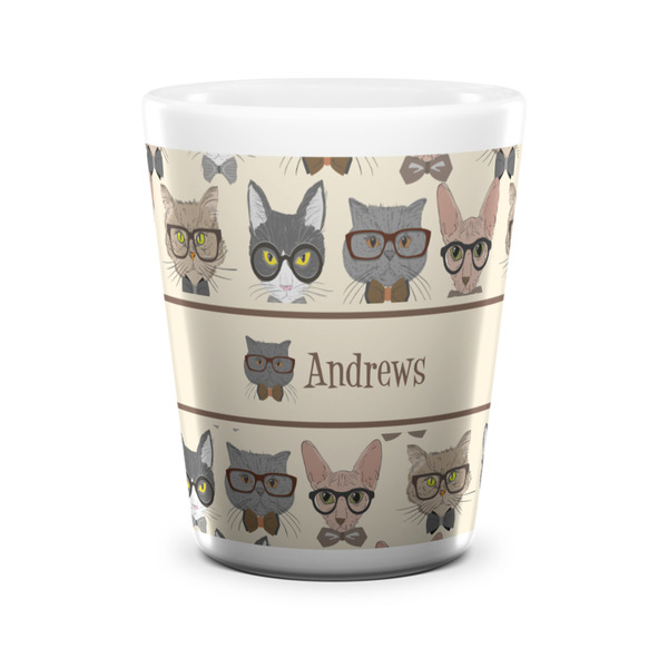 Custom Hipster Cats Ceramic Shot Glass - 1.5 oz - White - Single (Personalized)