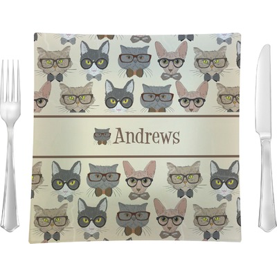 Hipster Cats 9.5" Glass Square Lunch / Dinner Plate- Single or Set of 4 (Personalized)