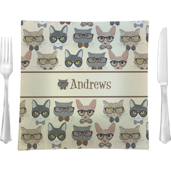 Custom Hipster Cats 9.5" Glass Square Lunch / Dinner Plate- Single or Set of 4 (Personalized)