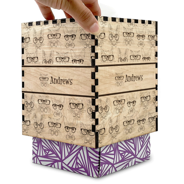 Hipster Cats Square Tissue Box Covers - Wood - with box