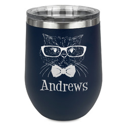 Hipster Cats Stemless Stainless Steel Wine Tumbler - Navy - Double Sided (Personalized)